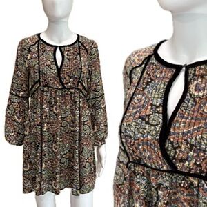 American Eagle Velvet Trim Floral Paisley Babydoll Dress Size Small Bell Sleeve